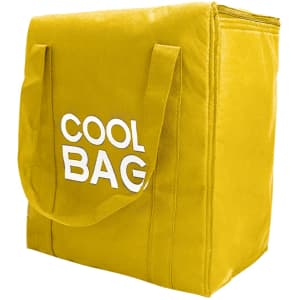 A yellow non-woven cooler bag with two handles and a visible logo.