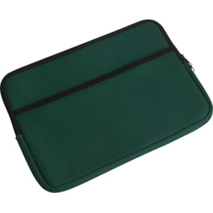 A green laptop bag with a black zipper and a simple design. It features a front pocket and has a logo.