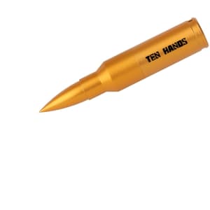 A gold bullet-shaped flash drive with a pointed tip and a logo.