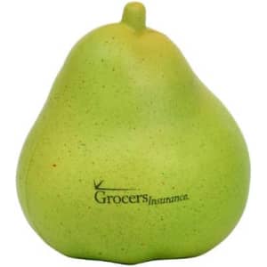 A green, pear-shaped stress reliever featuring a logo on its surface. The item has a smooth texture.