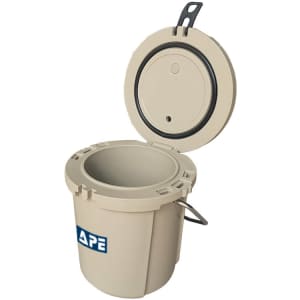 A beige 15L ice bucket with a handle and a secure lid, featuring a branding logo.