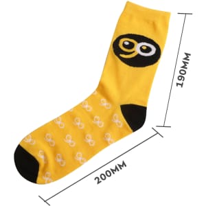 Bright yellow bamboo socks featuring a playful design with black accents and a logo. Ideal for everyday footwear.