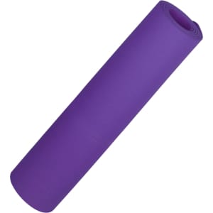 A rolled premium TPE yoga mat in a vibrant purple colour, featuring a smooth surface and a logo.