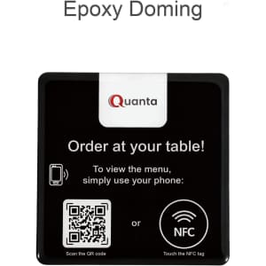 A black NFC epoxy desk tag with a QR code and a logo, designed for food ordering at tables.