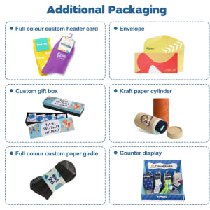 A collection of various packaging types for socks, including a gift box, envelope, and cardboard cylinder in bright colours.