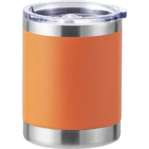 An orange stainless steel travel mug with a clear lid and a double wall design. It features a smooth finish and a silver base.