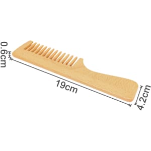 A wide-tooth beech wood comb in a natural wood finish, measuring 19 cm by 4.2 cm.