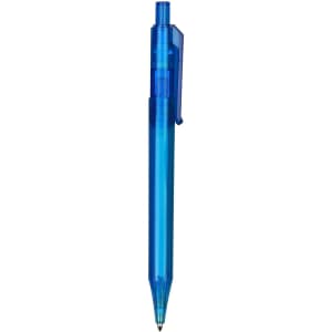 A transparent blue pen with a clip and push-button mechanism, featuring a branding logo.