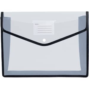 A transparent envelope expanding document folder with a black border and a label area for identification.