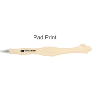 A bone-shaped pen in an off-white colour with a logo on the side.