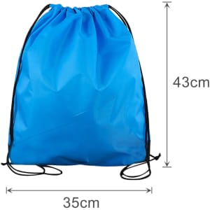 A blue drawstring bag with black cords, measuring 35cm wide and 43cm tall. It features a logo.
