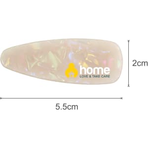 A translucent acetate hair alligator clip in a pearlescent finish, featuring a logo. Dimensions are 5.5 cm by 2 cm.