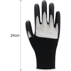 A pair of black touchscreen insulating gloves with a grey palm, measuring 24cm in length.