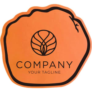 An orange foam mitt with a logo and text, featuring a rounded shape.