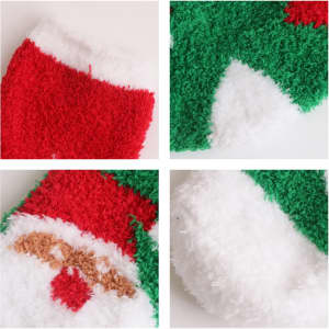 A set of coral fleece socks featuring a festive design in red, green, and white, with a fluffy texture.