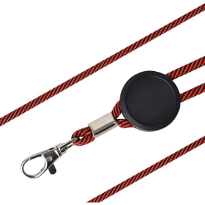 A red and black lanyard with a black epoxy dome attachment and a metal clip.