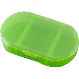 A green, oval pill box with three separate compartments and a secure lid. It has a simple, transparent design.