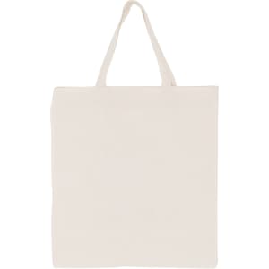 A short handle calico bag in a natural beige colour featuring a logo.