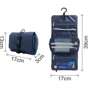 A navy blue folding travel toiletry bag, featuring compartments, a hook, and dimensions displayed for reference.