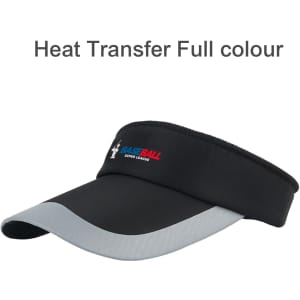 A black and grey sun visor featuring a branding logo.