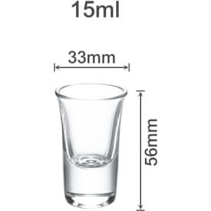 A clear glass shot glass, with a 15ml capacity, measuring 33mm in diameter and 56mm in height, features a logo.