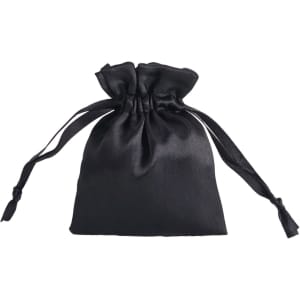 A black silk satin drawstring bag with tied ribbons at the top and a smooth, shiny finish.