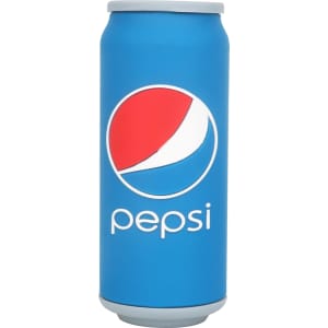 A drink bottle shaped like a blue Pepsi can, featuring a logo and a grey base.