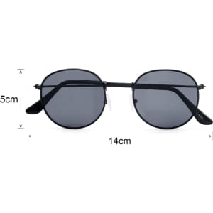Classic metal sunglasses featuring a black frame and grey lenses, measuring 5cm in height and 14cm in width.