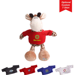 A giraffe plush toy with a light brown body, dark brown spots, and a red T-shirt featuring a logo.