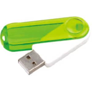 A transparent swivel flash drive in green and white, featuring a USB connector and a compact design.