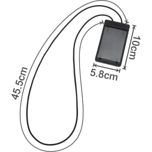 A black ABS retractable card holder with a silicone strap, featuring a rectangular casing and dimensions illustrated.