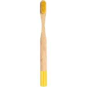 A small round handle bamboo toothbrush with a vibrant yellow tip and bristles. Features a logo on the handle.