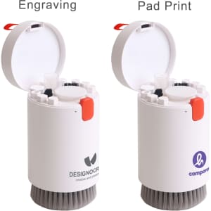 A cleaning kit featuring a white container with a lid, displaying an engraving option and a pad print section.