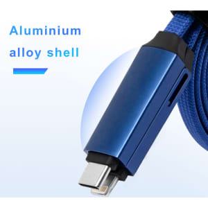 A blue charging cable with an aluminium alloy shell features a connector end. It has a textured blue braid for added durability.