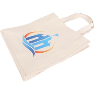 A cream cotton tote bag with a logo printed in blue and orange, featuring dual handles for carrying.
