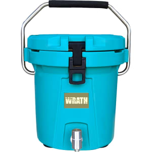 A turquoise ice bucket with a silver faucet and black handle, featuring a logo on the front.