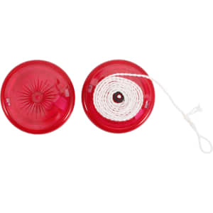 A red yoyo with a white string coiled neatly inside, featuring a textured surface on one side. It has a branding logo.