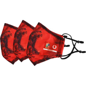 Three red reusable face masks featuring a lion design and adjustable ear loops, with branding on one mask.