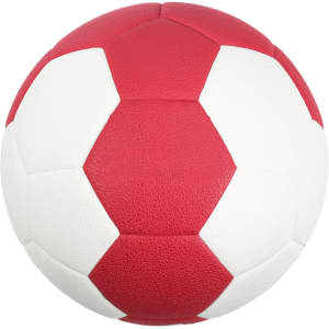 A red and white handball featuring a stitched hexagonal design and a branding logo.