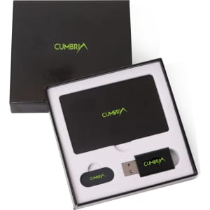 A black gift box contains a card, a USB drive, and a small RFID tag, all featuring a logo.