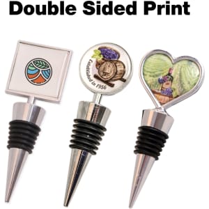 A wine stopper set featuring three designs: a square, a round, and a heart shape, with metallic and rubber elements.