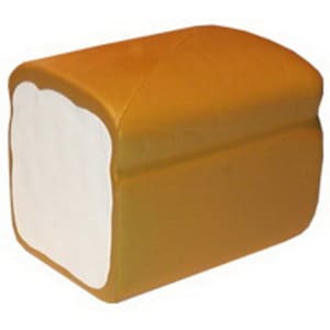 A stress reliever shaped like a slice of toast, featuring brown and white colours with a smooth surface.