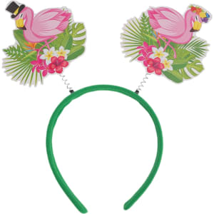A green headband featuring pink flamingos with decorative flowers and foliage on each side.