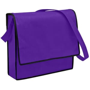 A purple non-woven sling bag with a black trim and adjustable shoulder strap. It features a flap closure and a logo.