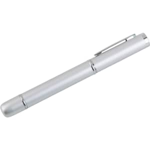 A silver USB memory pen with a sleek design and a clip for easy attachment. Features a logo on the body.