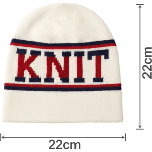 A knitted beanie in cream with red and navy stripes, featuring the word "Knit" across the front.