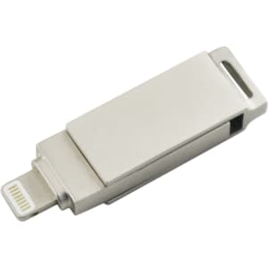 A silver swivel flash drive with a built-in connector. It has a modern design and features a branding logo.