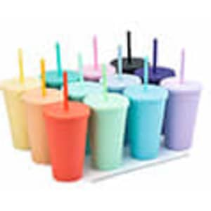 A collection of 16oz matte plastic cups in various pastel colours, each with a lid and straw, displayed in a group.