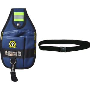 A portable tool waist pouch in navy blue with reflective stripes, featuring pockets and a belt for attachment.