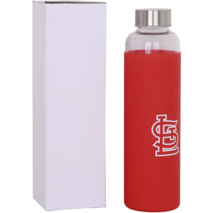 A drink bottle with a transparent glass body and a red silicone sleeve, featuring a stainless steel lid and a logo.